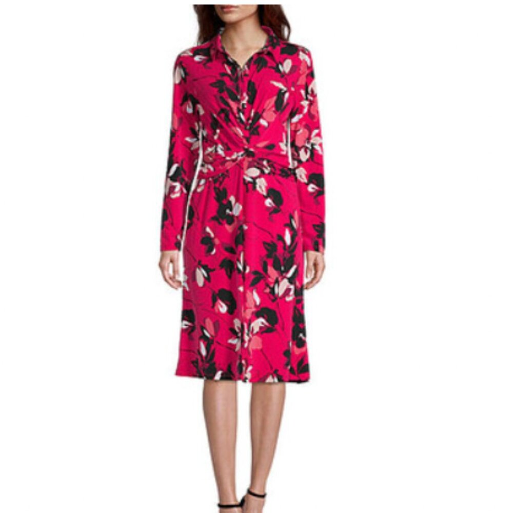 Liz Claiborne Midi Shirt Dress 14 L front knot detail NWOT